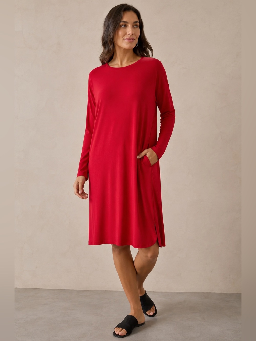 Eileen Fisher Red Long Sleeve Shift Dress Medium Minimalist Stretch Knit NWOT